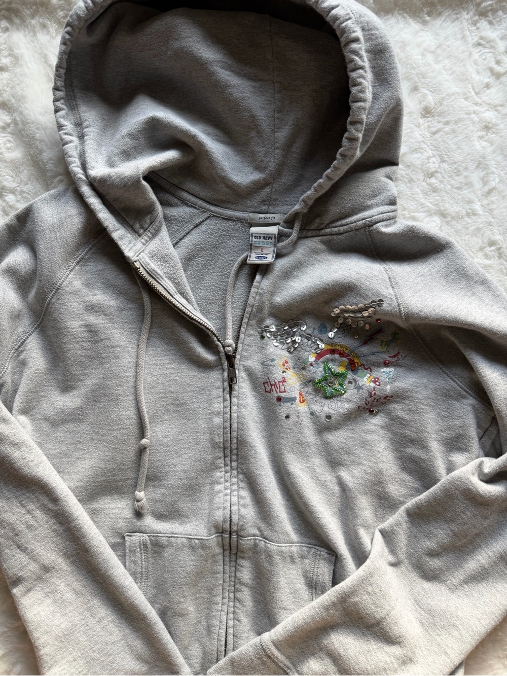 Light Gray Zip-Up Hoodie with Sequin Heart Embroidery Vintage Old Navy